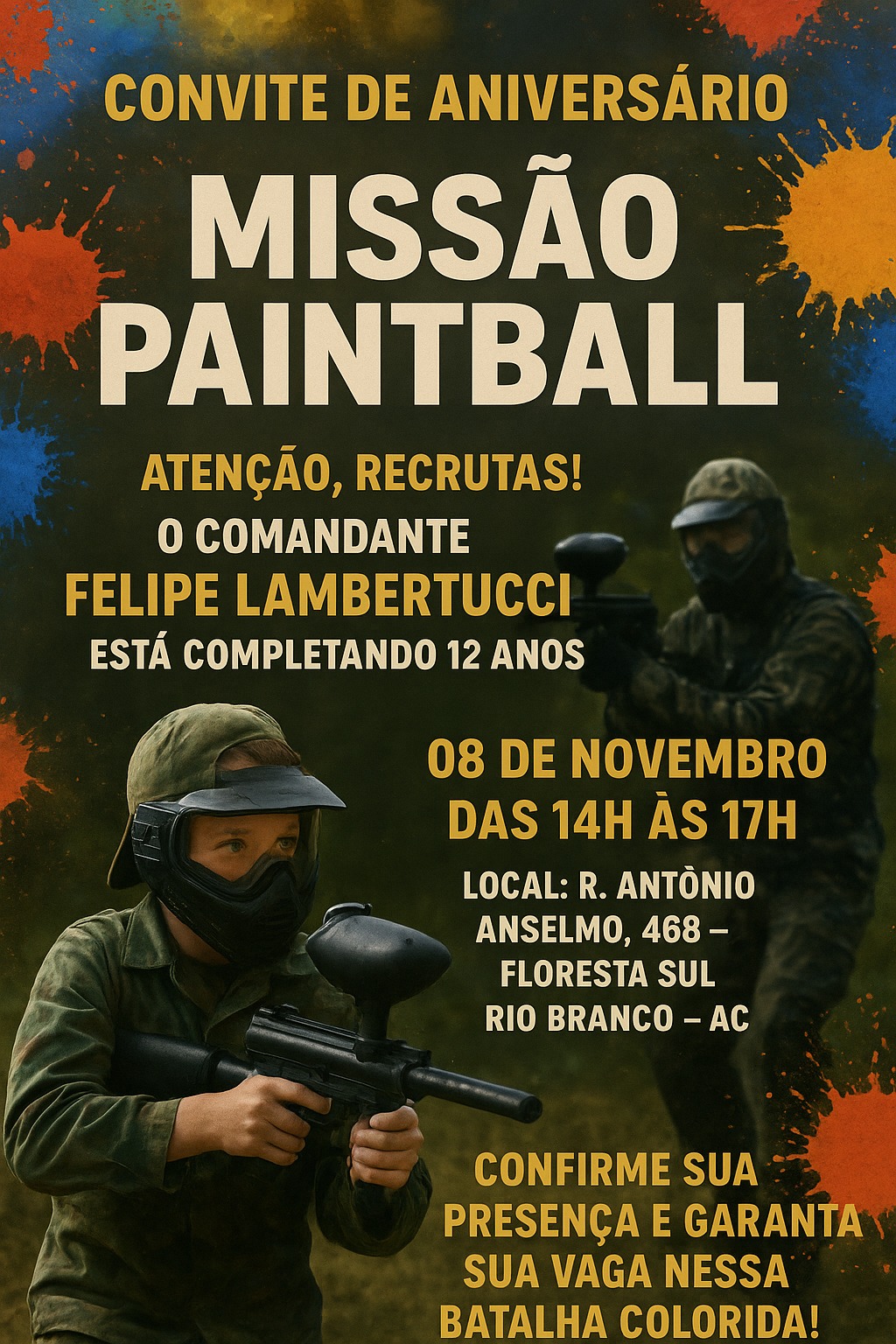 CONVITE DE ANIVERSÁRIO – MISSÃO PAINTBALL!